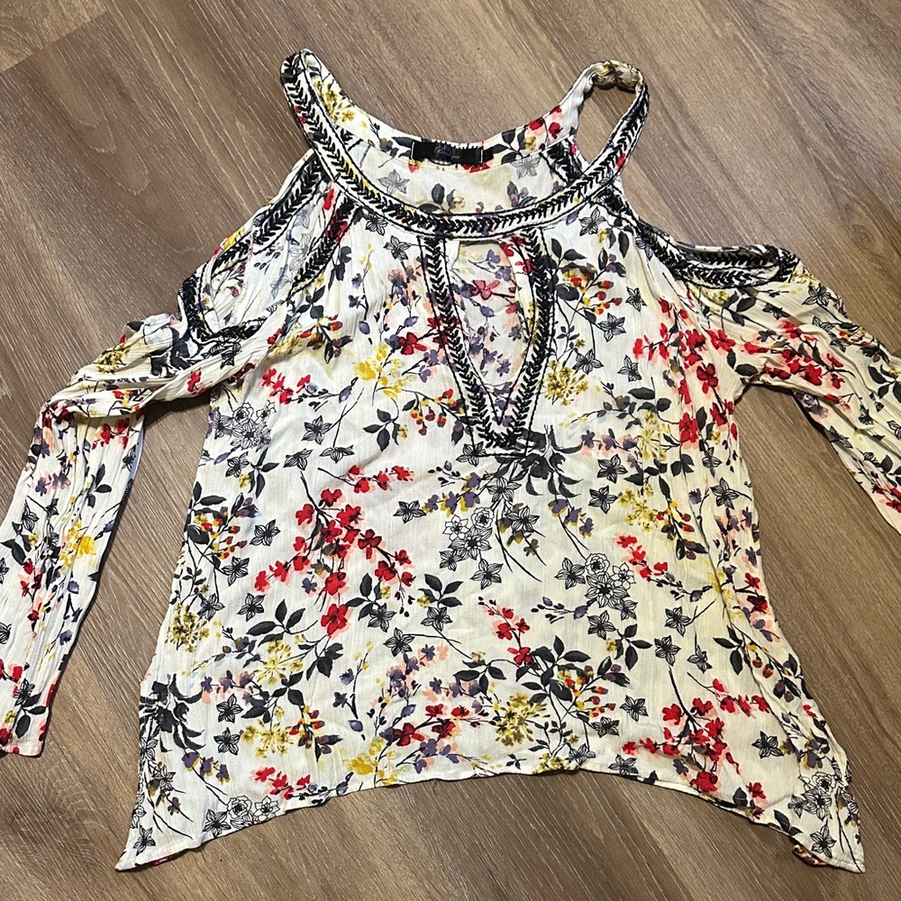 BKE Floral Cold Shoulder Blouse - Red, Yellow, Black on Cream